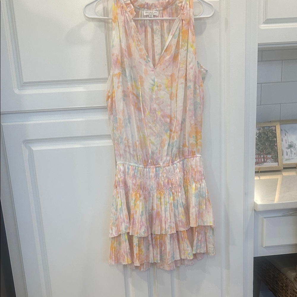 Women’s M Current Air Pastel Watercolor Tiered Mini Dress in Pink and Yellow
